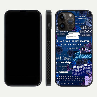Kingdom Faith Glow Glass Case for iPhone 14 Pro Max front and back view layout highlighting radiant spiritual design
