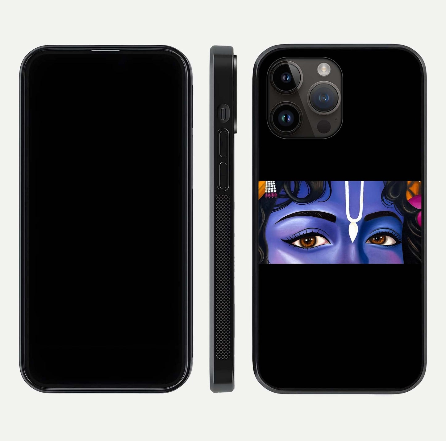 Krishna Eye Glass Case for iPhone 14 Pro Max front and back view layout highlighting detailed spiritual motif