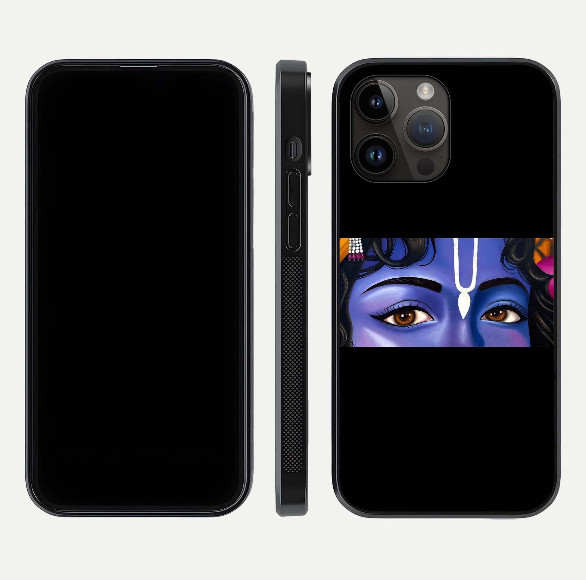 Krishna Eye Glass Case for iPhone 14 Pro Max front and back view layout highlighting detailed spiritual motif