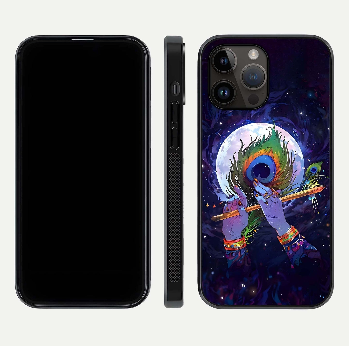 Krishna Hands Art Glass Case for iPhone 14 Pro Max front and back view layout displaying soft edges and spiritual tones