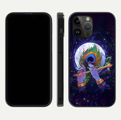 Krishna Hands Art Glass Case for iPhone 14 Pro Max front and back view layout displaying soft edges and spiritual tones