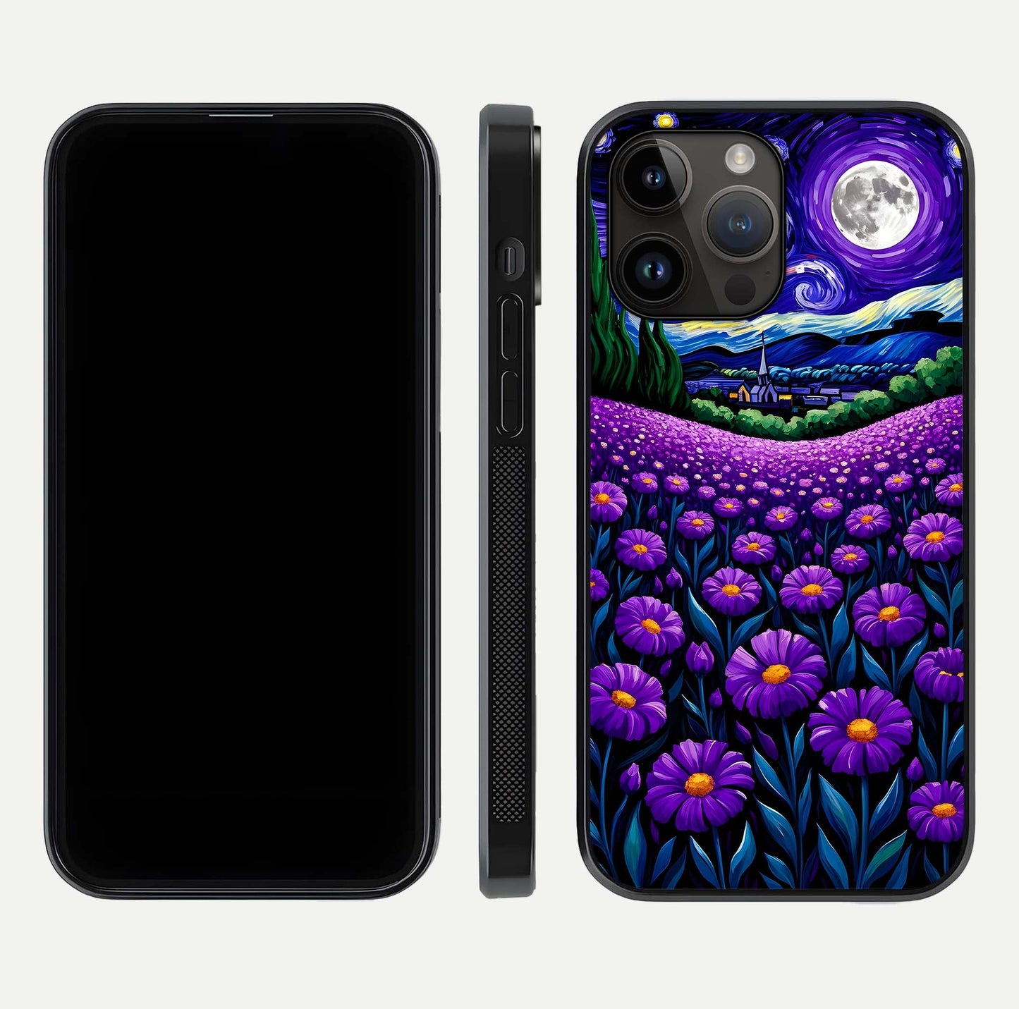 Lavender Moon Field Glass Case for iPhone 14 Pro Max front and back view layout with soft gradient and curved edges