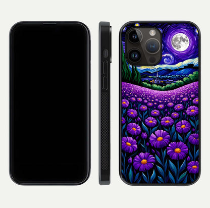 Lavender Moon Field Glass Case for iPhone 14 Pro Max front and back view layout with soft gradient and curved edges