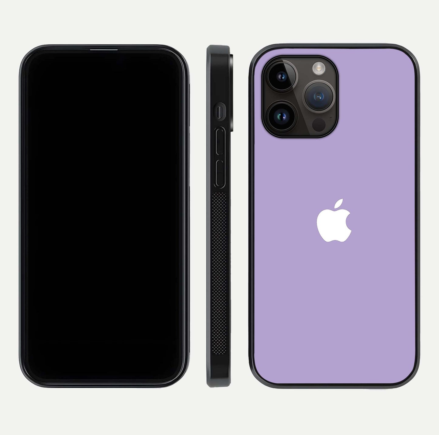 Lavender Soft Minimal Glass Case for iPhone 14 Pro Max front and back view layout highlighting soft hue and curved edges