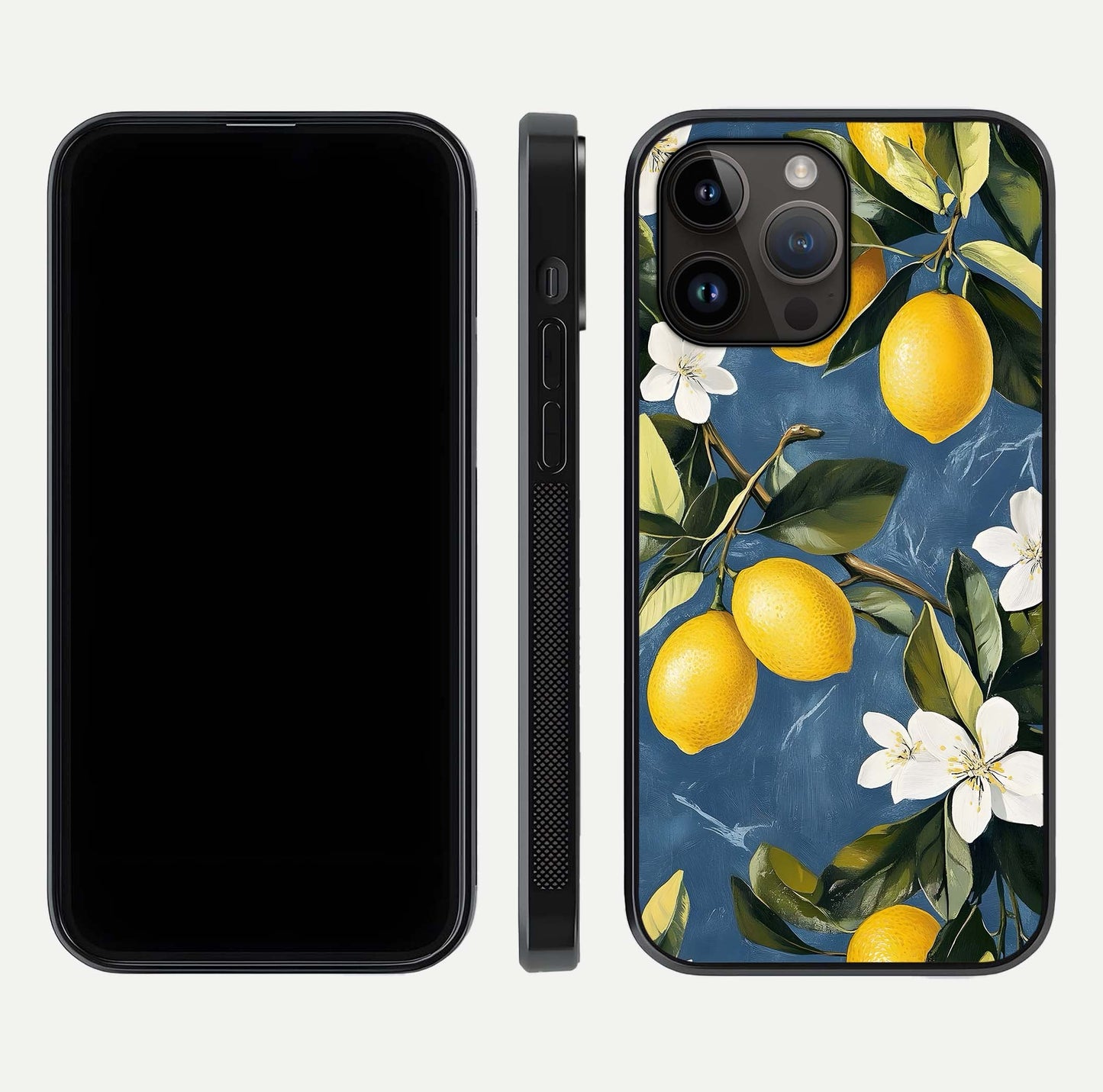 Lemon Dream Garden Glass Case for iPhone 14 Pro Max front and back view layout highlighting garden tones and edges