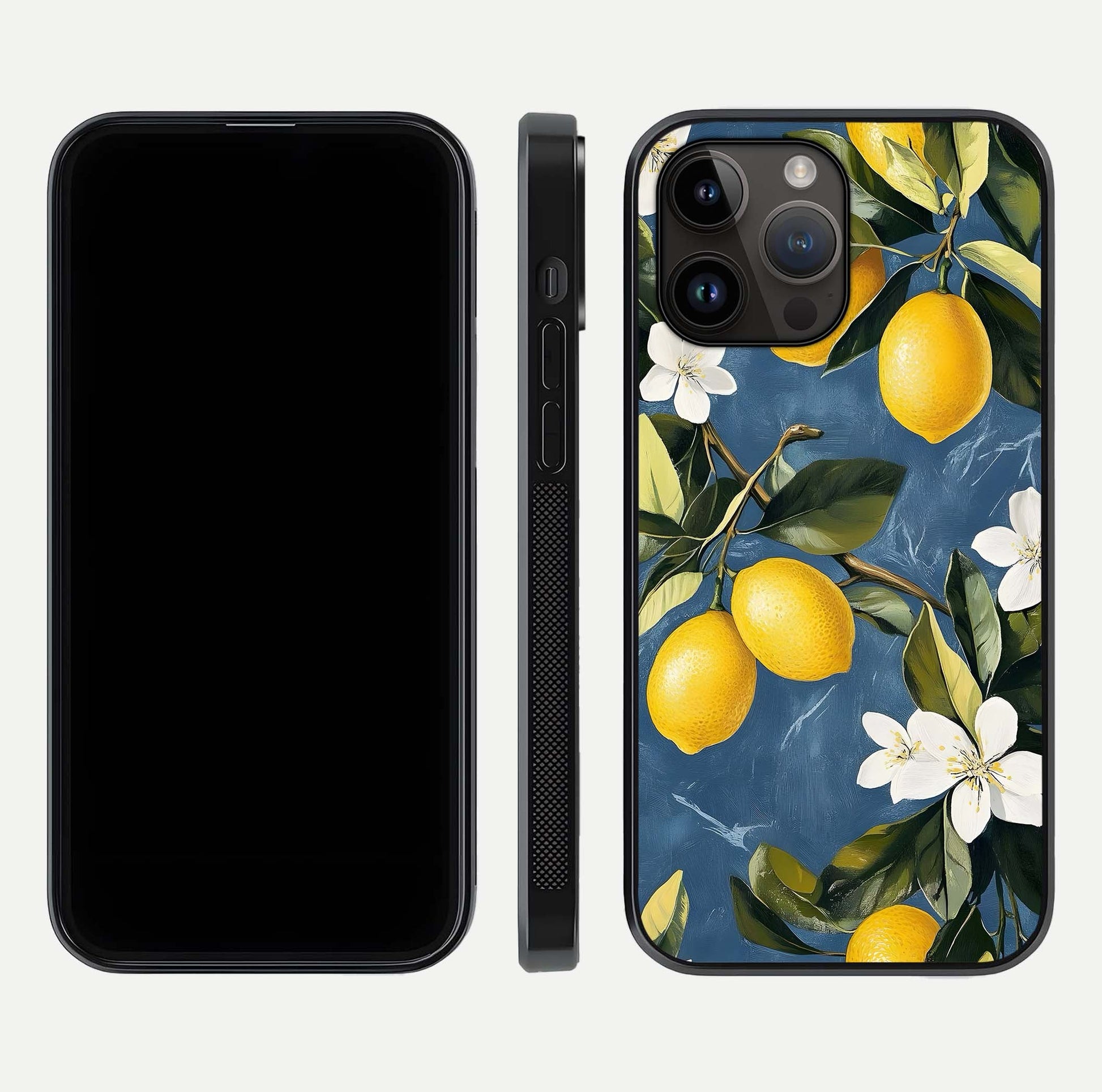 Lemon Dream Garden Glass Case for iPhone 14 Pro Max front and back view layout highlighting garden tones and edges