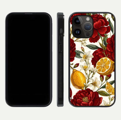 Lemon Rose Charm Glass Case for iPhone 14 Pro Max front & back layout highlighting soft yellow tones and curved edges