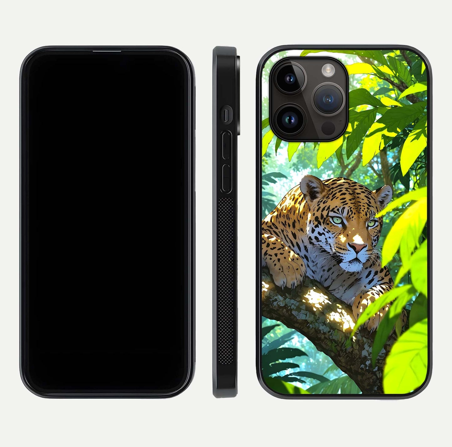 Leopard in Jungle Glass Case for iPhone 14 Pro Max front & back layout with premium edge detailing and vivid jungle art
