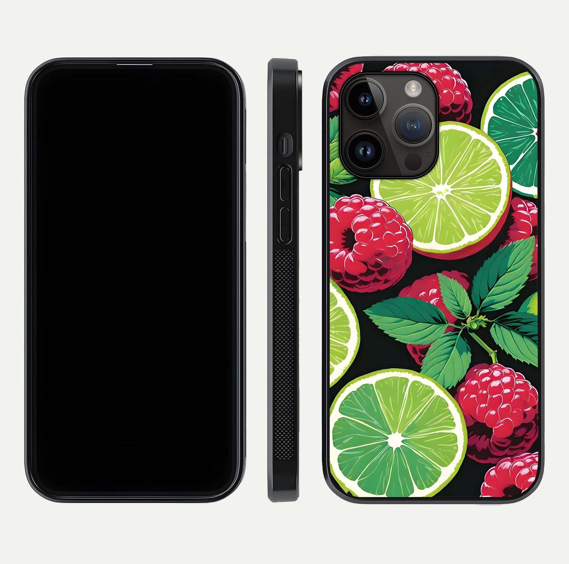 Lime and Raspberry Pattern Glass Case for iPhone 14 Pro Max front & back layout highlighting fresh summer tones
