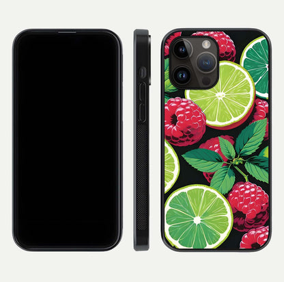 Lime and Raspberry Pattern Glass Case for iPhone 14 Pro Max front & back layout highlighting fresh summer tones