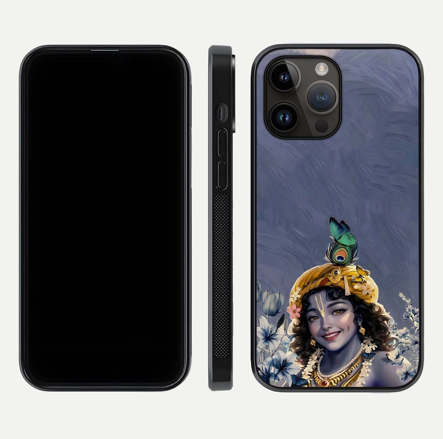 Lord Krishna Glass Case for iPhone 14 Pro Max front & back layout displaying soft tones and elegant edges
