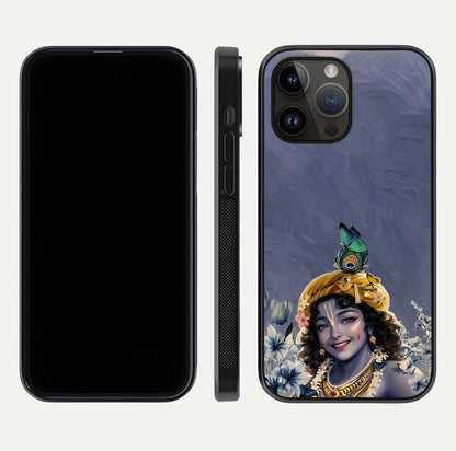 Lord Krishna Glass Case for iPhone 14 Pro Max front & back layout displaying soft tones and elegant edges