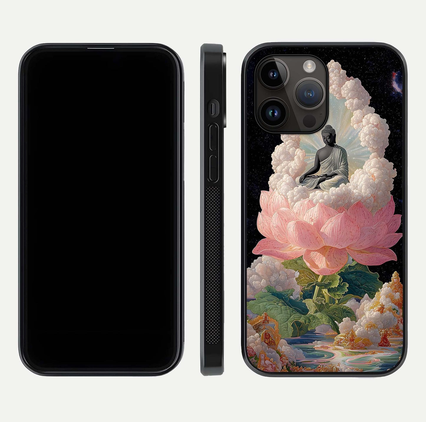 Lotus Divine Peace Glass Case for iPhone 14 Pro Max front & back layout highlighting soft pink hues and curved edges