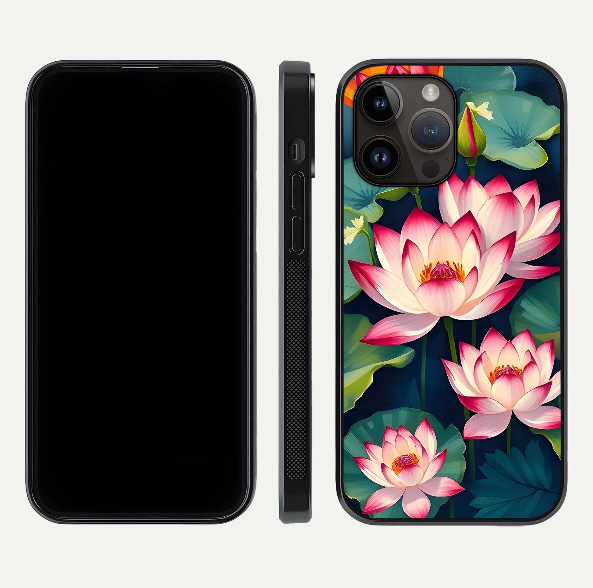 Lotus Dream Serenity Glass Case for iPhone 14 Pro Max front & back layout with elegant finish and edge curve