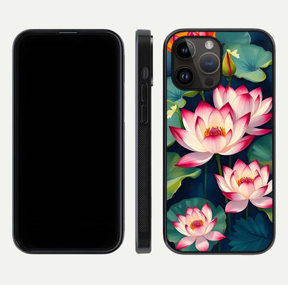 Lotus Dream Serenity Glass Case for iPhone 14 Pro Max front & back layout with elegant finish and edge curve