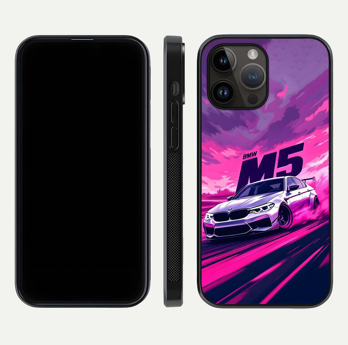 MS Neon Car Glass Case for iPhone 14 Pro Max front & back layout highlighting automotive art and curved design