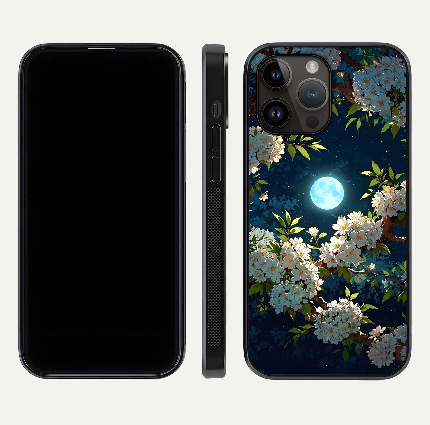 Moonlit Blossom Dream Glass Case for iPhone 14 Pro Max front & back layout highlighting moonlit tones and edges
