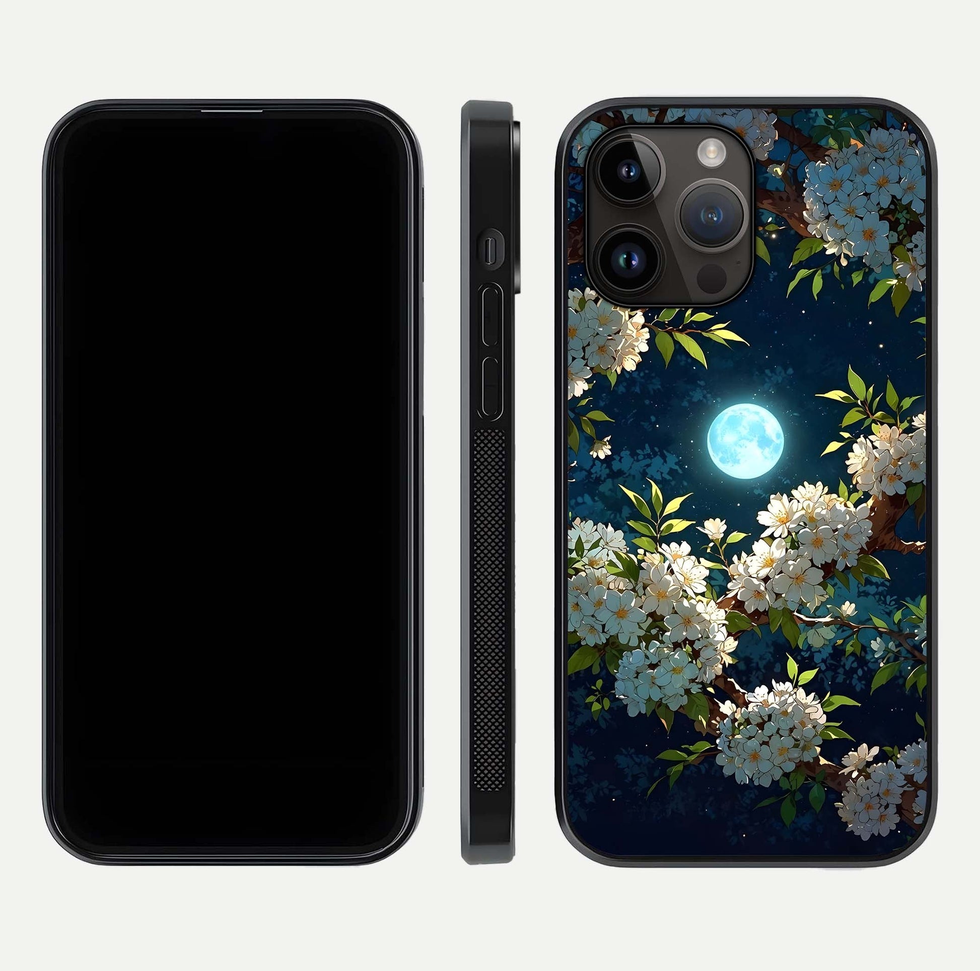 Moonlit Blossom Dream Glass Case for iPhone 14 Pro Max front & back layout highlighting moonlit tones and edges