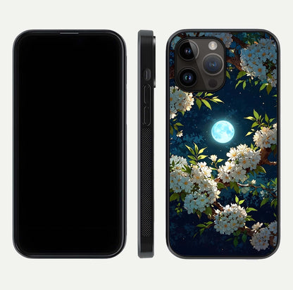 Moonlit Blossom Dream Glass Case for iPhone 14 Pro Max front & back layout highlighting moonlit tones and edges