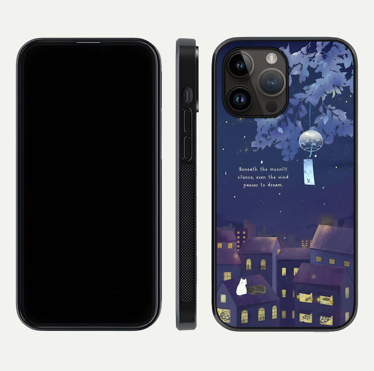 Moonlit Cat Silence Glass Case for iPhone 14 Pro Max front & back layout highlighting calm tones and edge detail