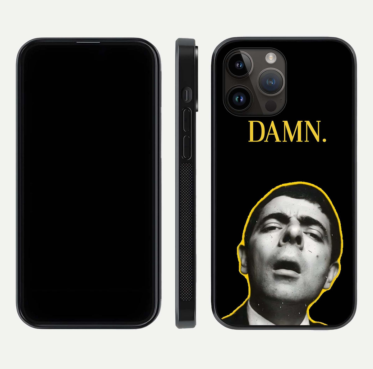 Mr Bean Damn Glass Case for iPhone 14 Pro Max front & back layout displaying fun artwork and curved smooth edges
