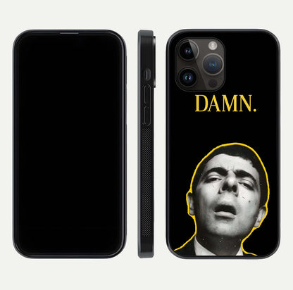 Mr Bean Damn Glass Case for iPhone 14 Pro Max front & back layout displaying fun artwork and curved smooth edges