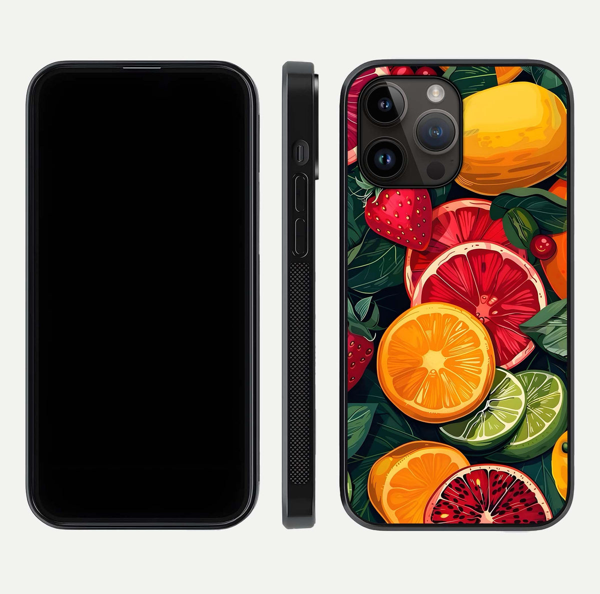 Multiple Fruits Glass Case for iPhone 14 Pro Max front & back layout highlighting vibrant tones and curved edges