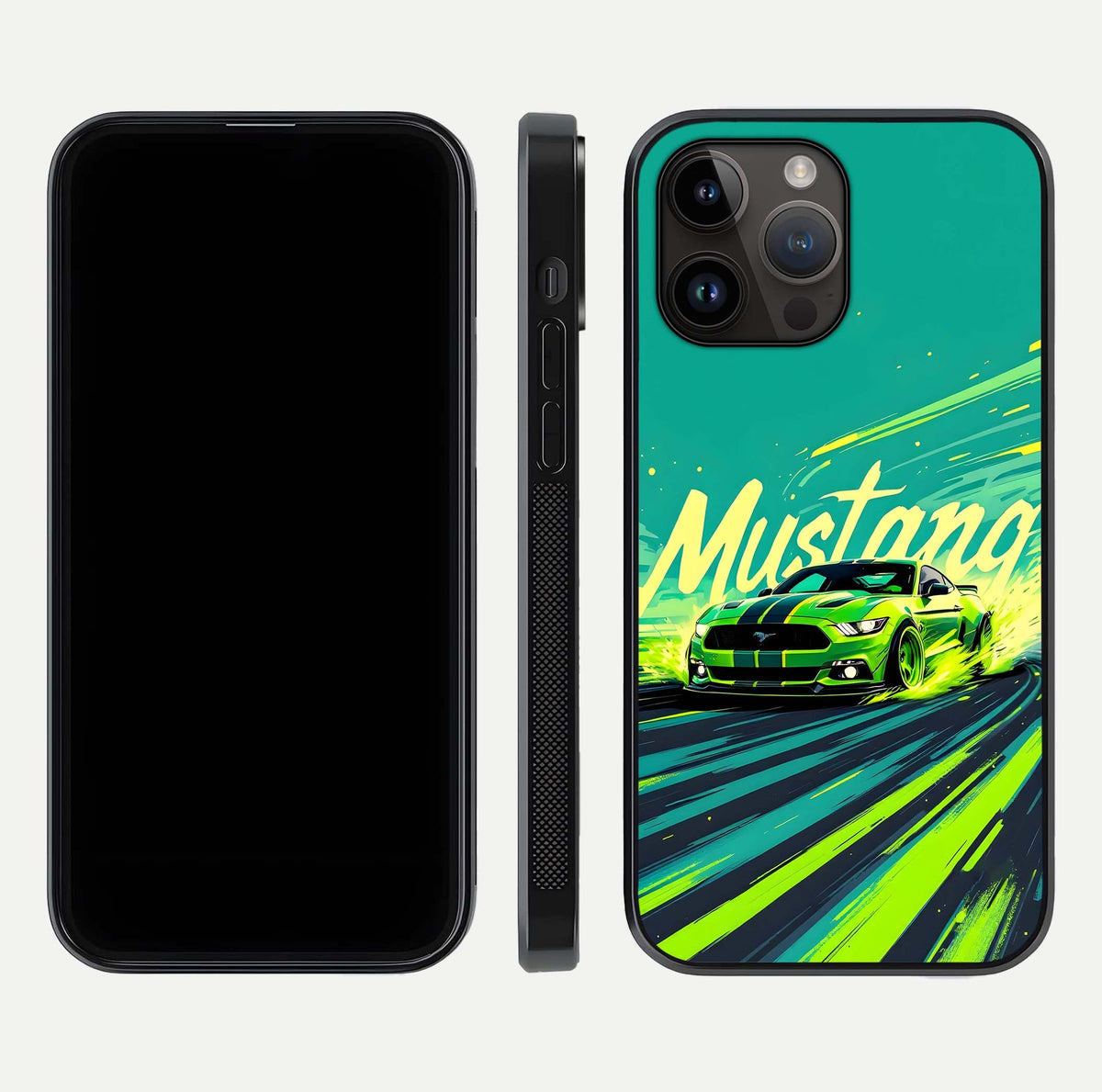 Mustang Bang Glass Case for iPhone 14 Pro Max front & back layout highlighting dark automotive tones and edge detail