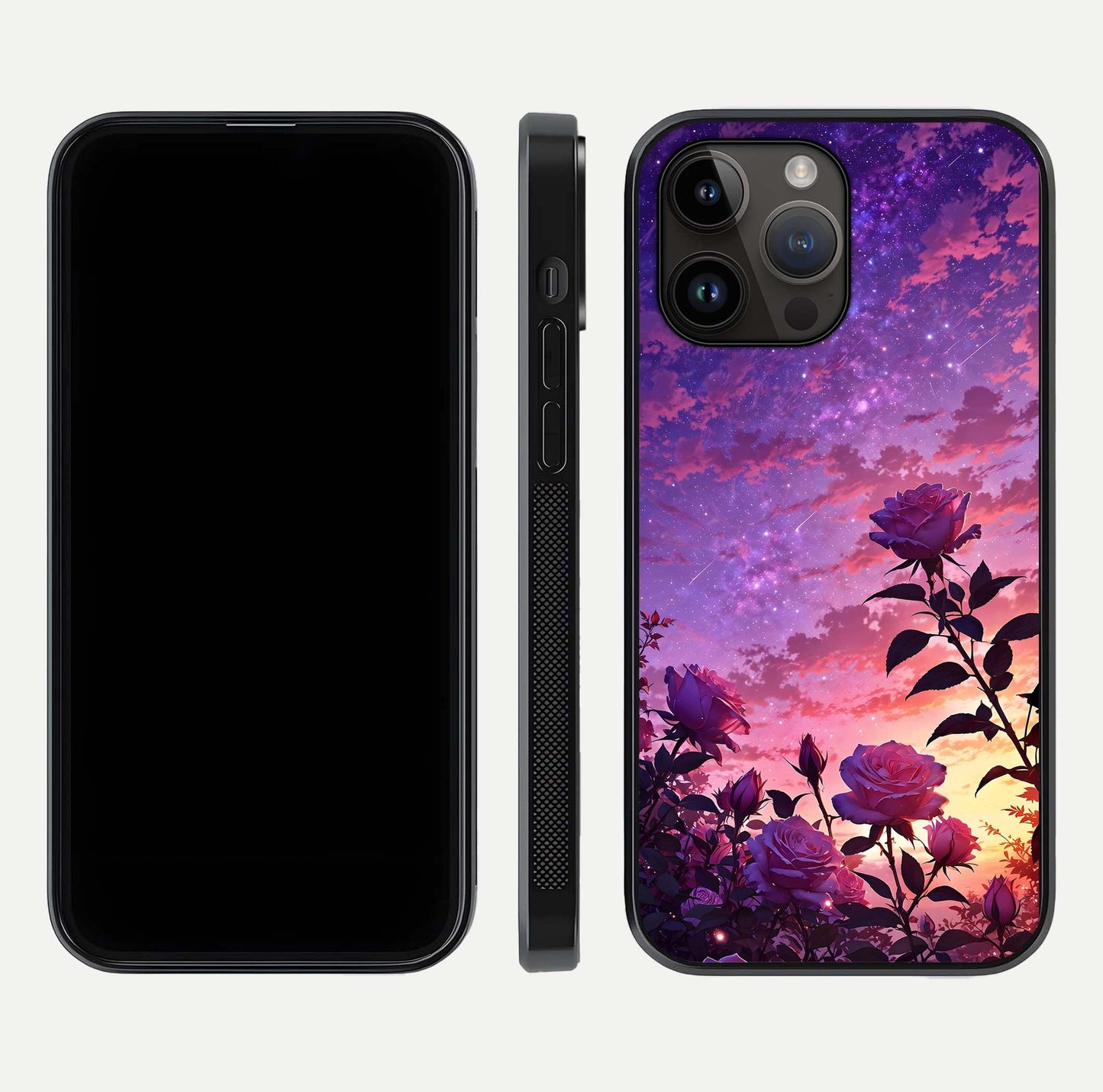 Starlit Rose Twilight Glass Case for iPhone 14 Pro Max front & back layout showing floral blend and glossy edge