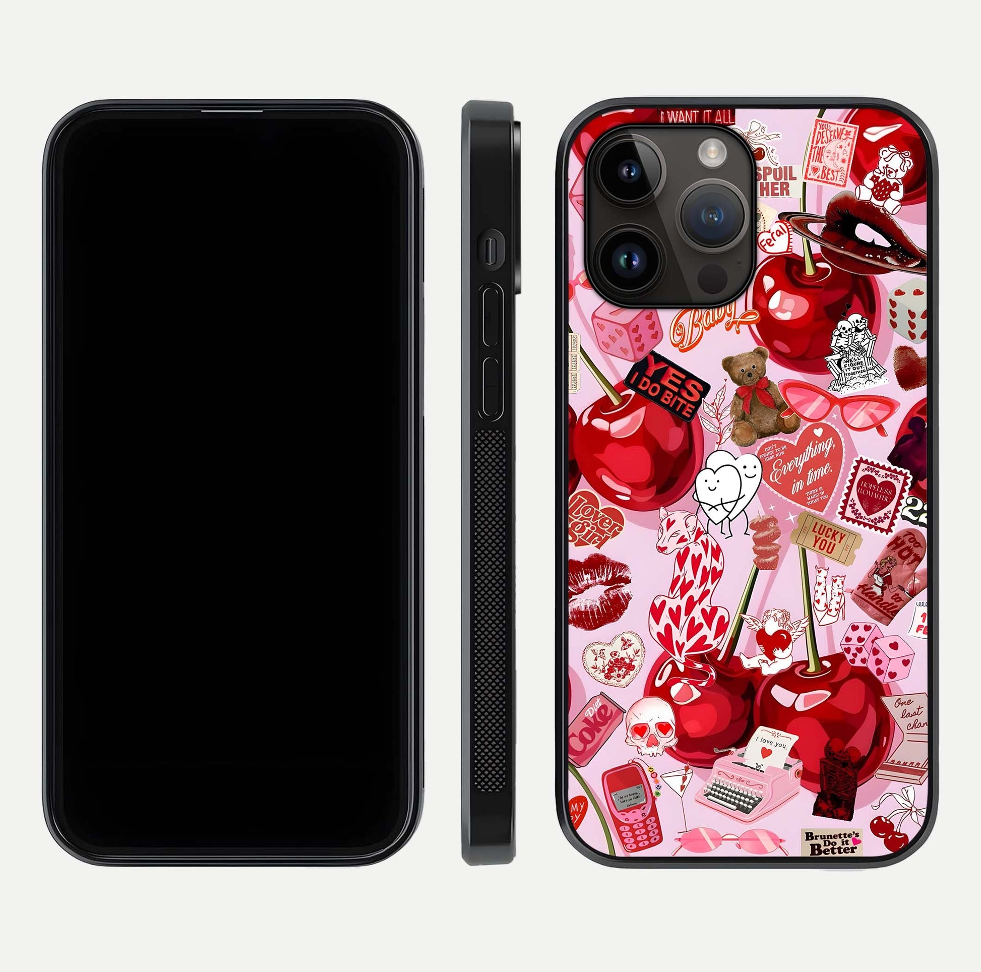 Sweet Cherry Chaos Glass Case for iPhone 14 Pro Max front & back layout showing vibrant cherries and smooth edges