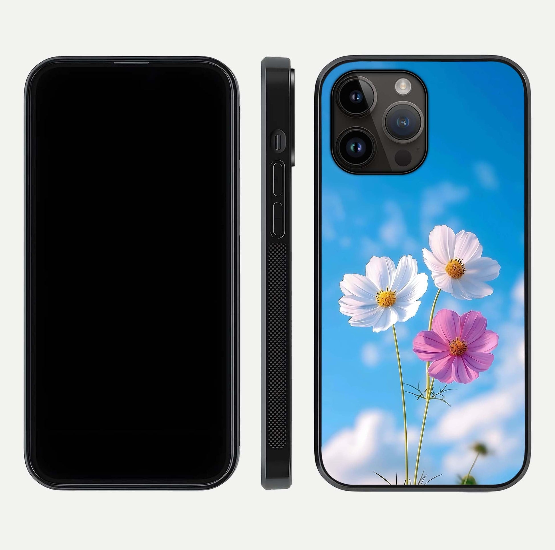 Triple Flowers With Sky Glass Case for iPhone 16 Pro front & back layout showing vivid tones and glossy surface