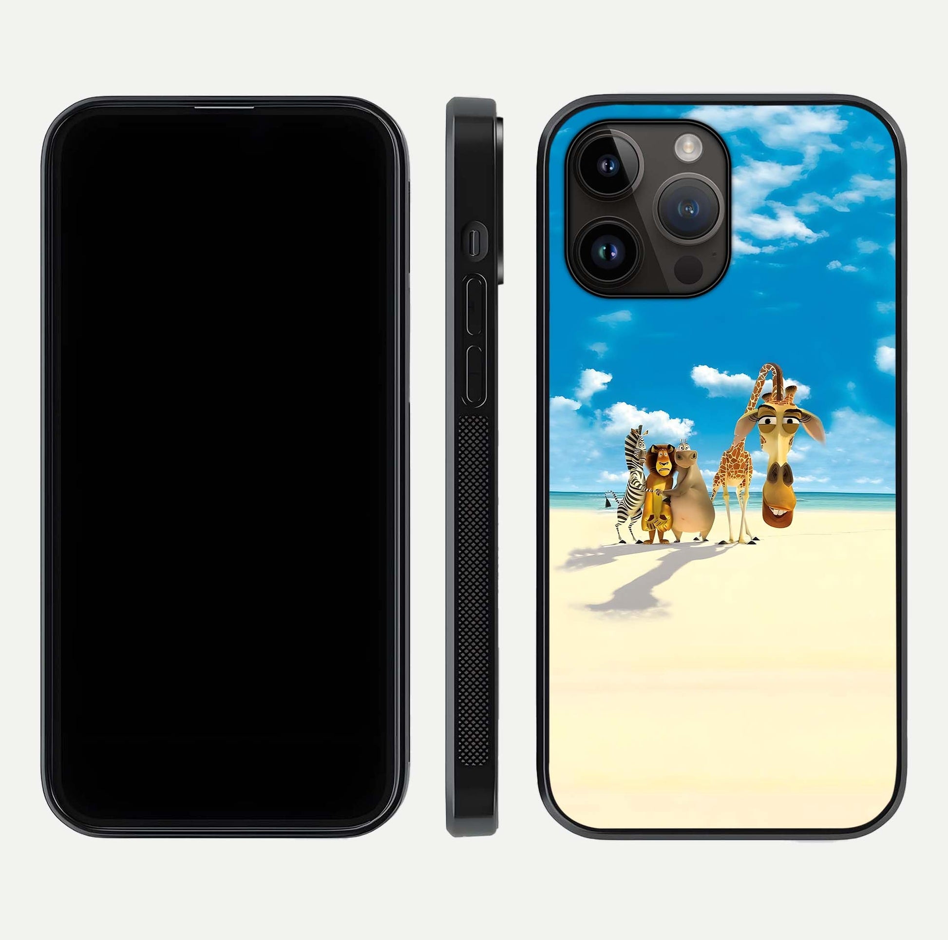 Tropical Fun Squad Glass Case for iPhone 16 Pro front & back layout showing fun pattern and smooth edges