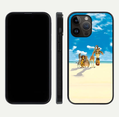 Tropical Fun Squad Glass Case for iPhone 16 Pro front & back layout showing fun pattern and smooth edges