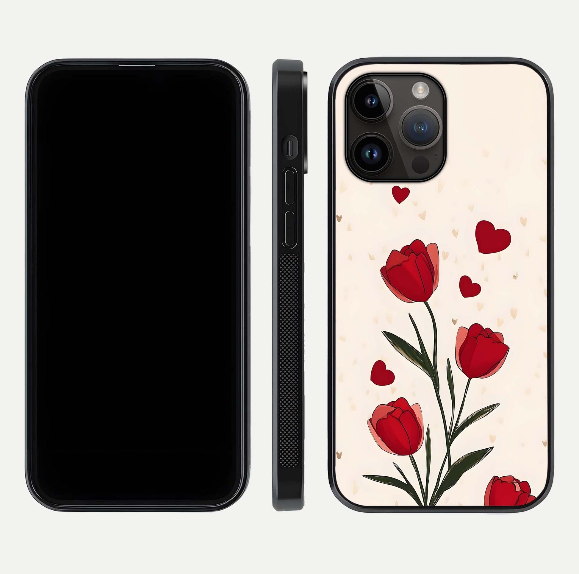 Tulip With Heart Glass Case for iPhone 16 Pro front & back layout showing heart motif and elegant gloss finish