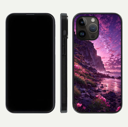Twilight Blossom Coast Glass Case for iPhone 14 Pro Max front & back layout showing floral tones and curved edge