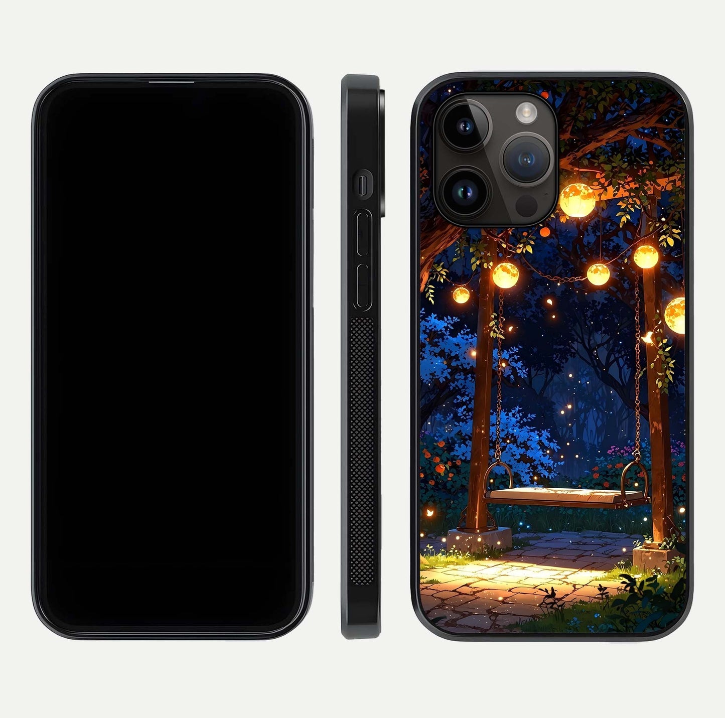 Twilight Garden Swing Glass Case for iPhone 16 Pro front & back layout showing garden art and clean edge
