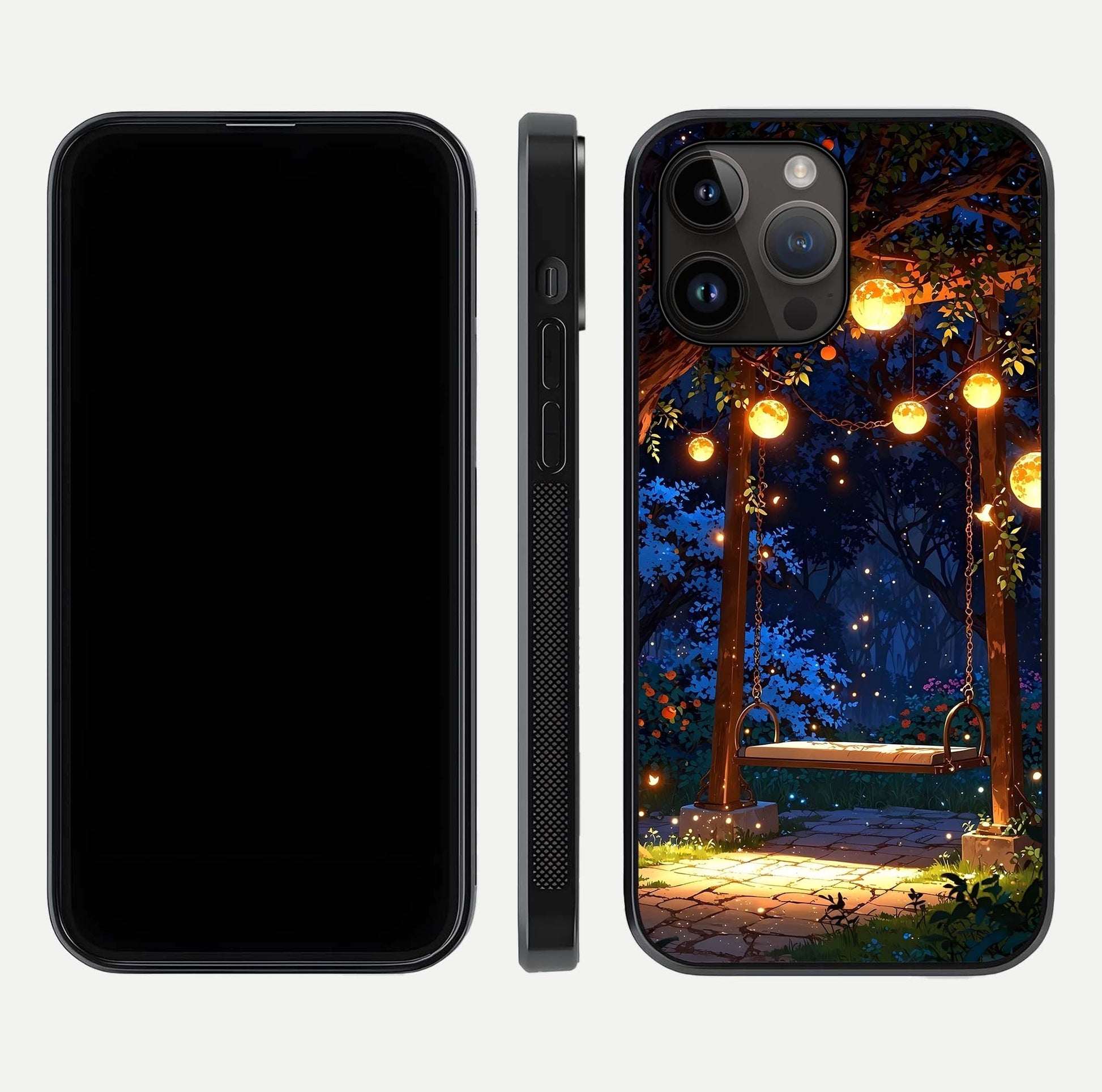 Twilight Garden Swing Glass Case for iPhone 16 Pro front & back layout showing garden art and clean edge