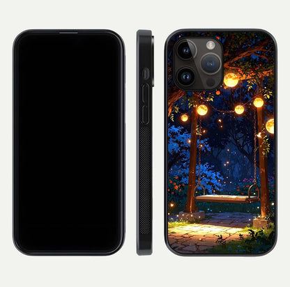 Twilight Garden Swing Glass Case for iPhone 16 Pro front & back layout showing garden art and clean edge