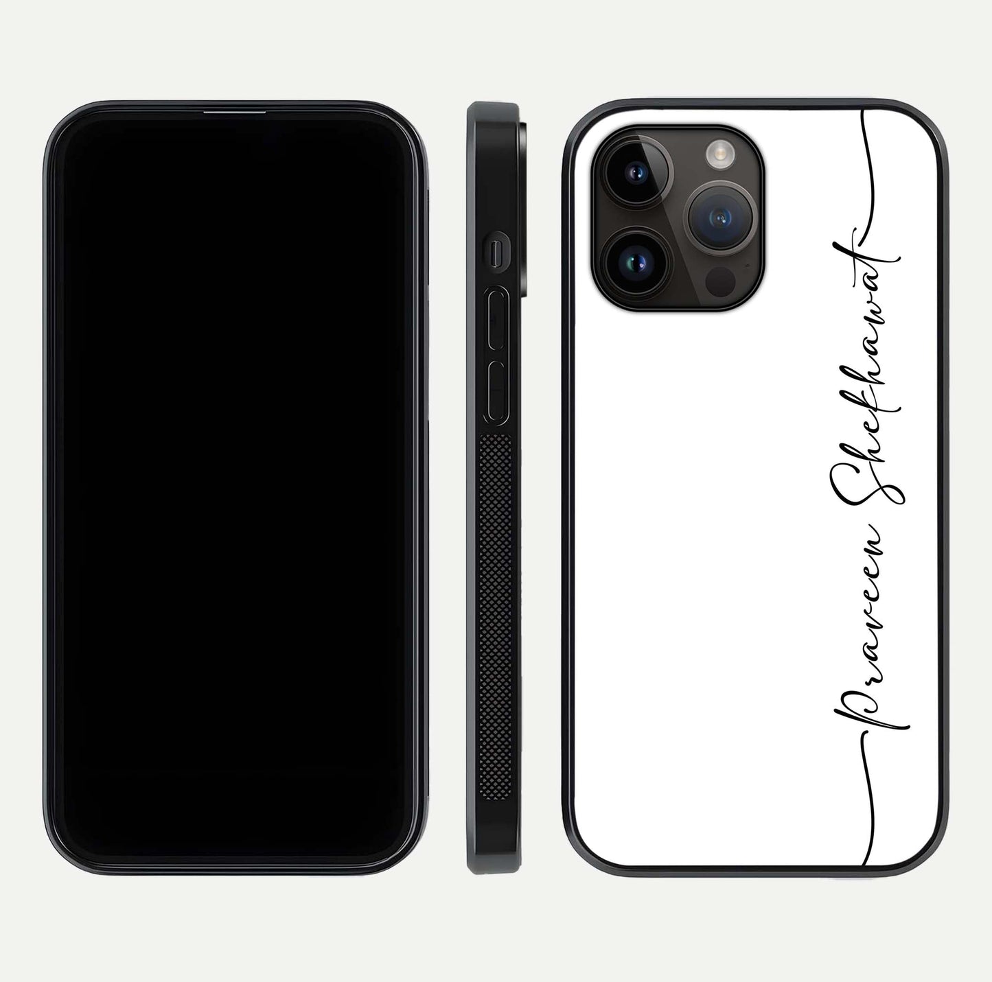 White Tune Custom Name Glass Case for iPhone 14 Pro Max front & back layout showing clean design and text placement