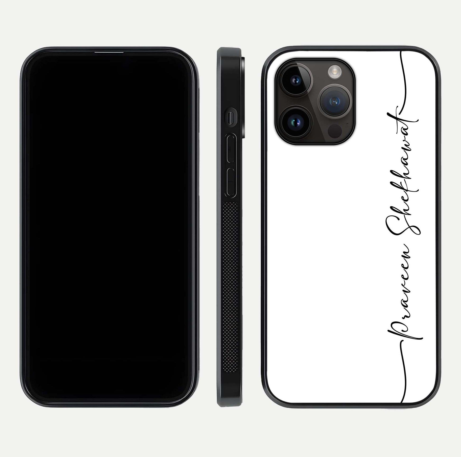 White Tune Custom Name Glass Case for iPhone 14 Pro Max front & back layout showing clean design and text placement