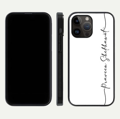 White Tune Custom Name Glass Case for iPhone 14 Pro Max front & back layout showing clean design and text placement
