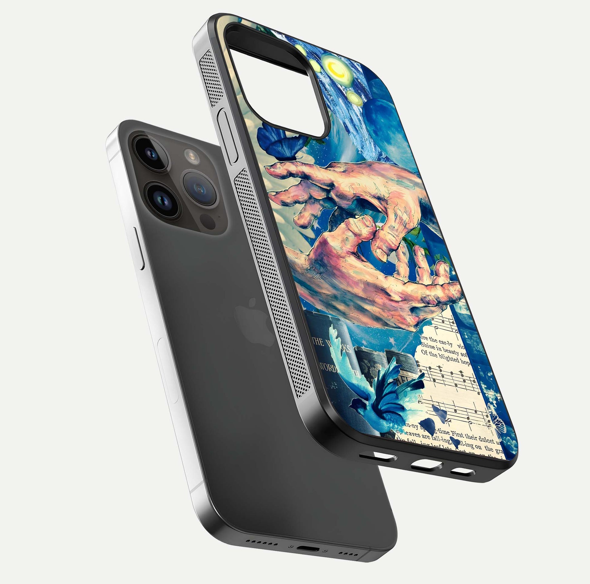 Aesthetic Divider Glass Case for iPhone 16 Pro floating dual-view mockup showing edge design and detailed divider gloss texture