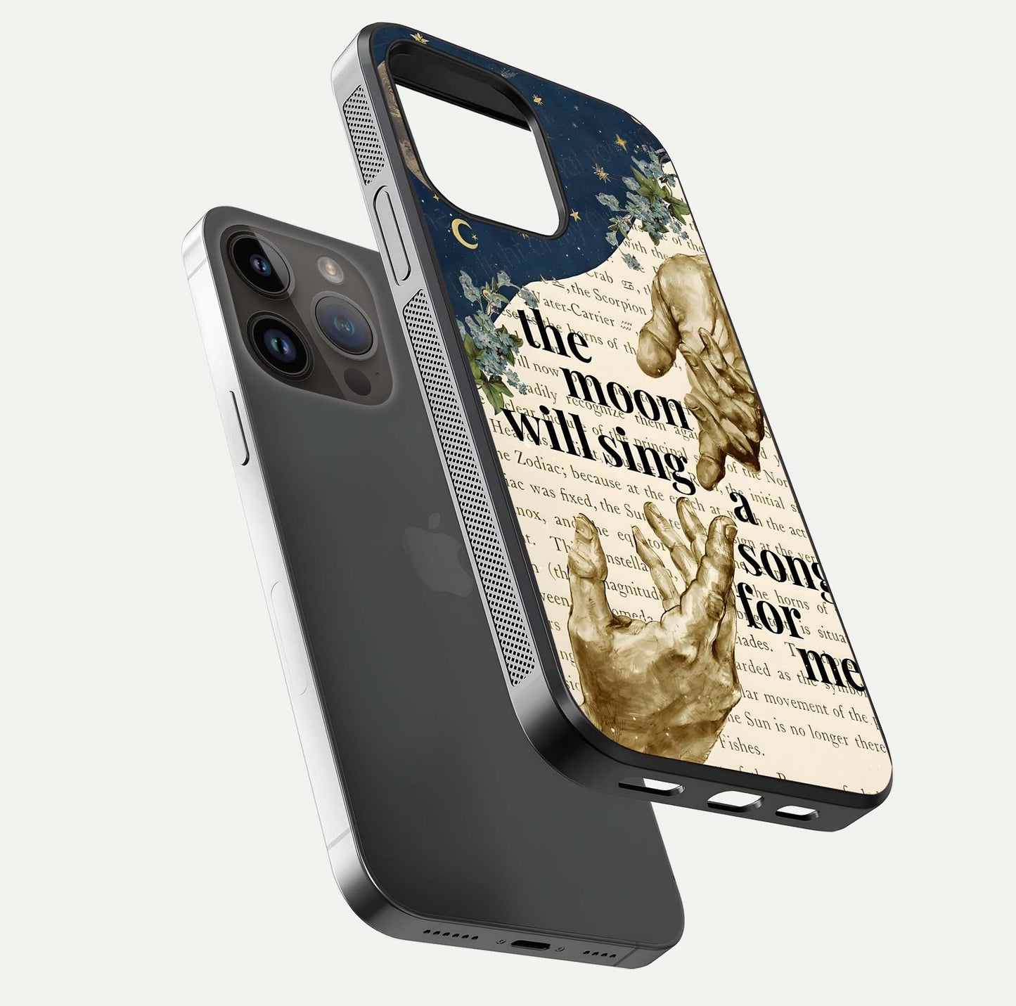 Aesthetic Divine Glass Case for iPhone 16 Pro floating dual-view mockup showing edge design and divine art gloss texture
