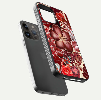 Aesthetic Little Freak Glass Case for iPhone 16 Pro floating dual-view mockup showing edge design and detailed collage gloss texture