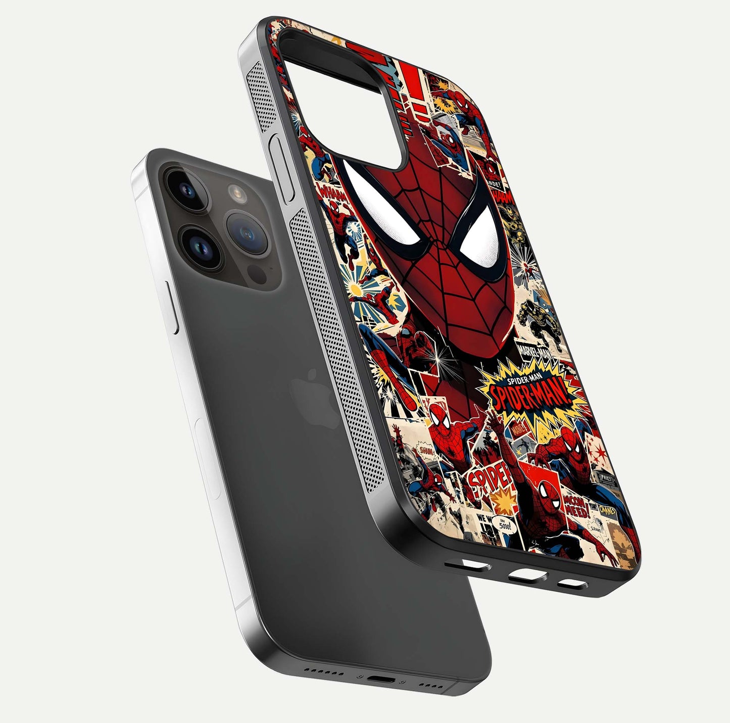 Aesthetic Wonder Spider Glass Case for iPhone 16 Pro floating mockup emphasizing superhero art and glossy reflection