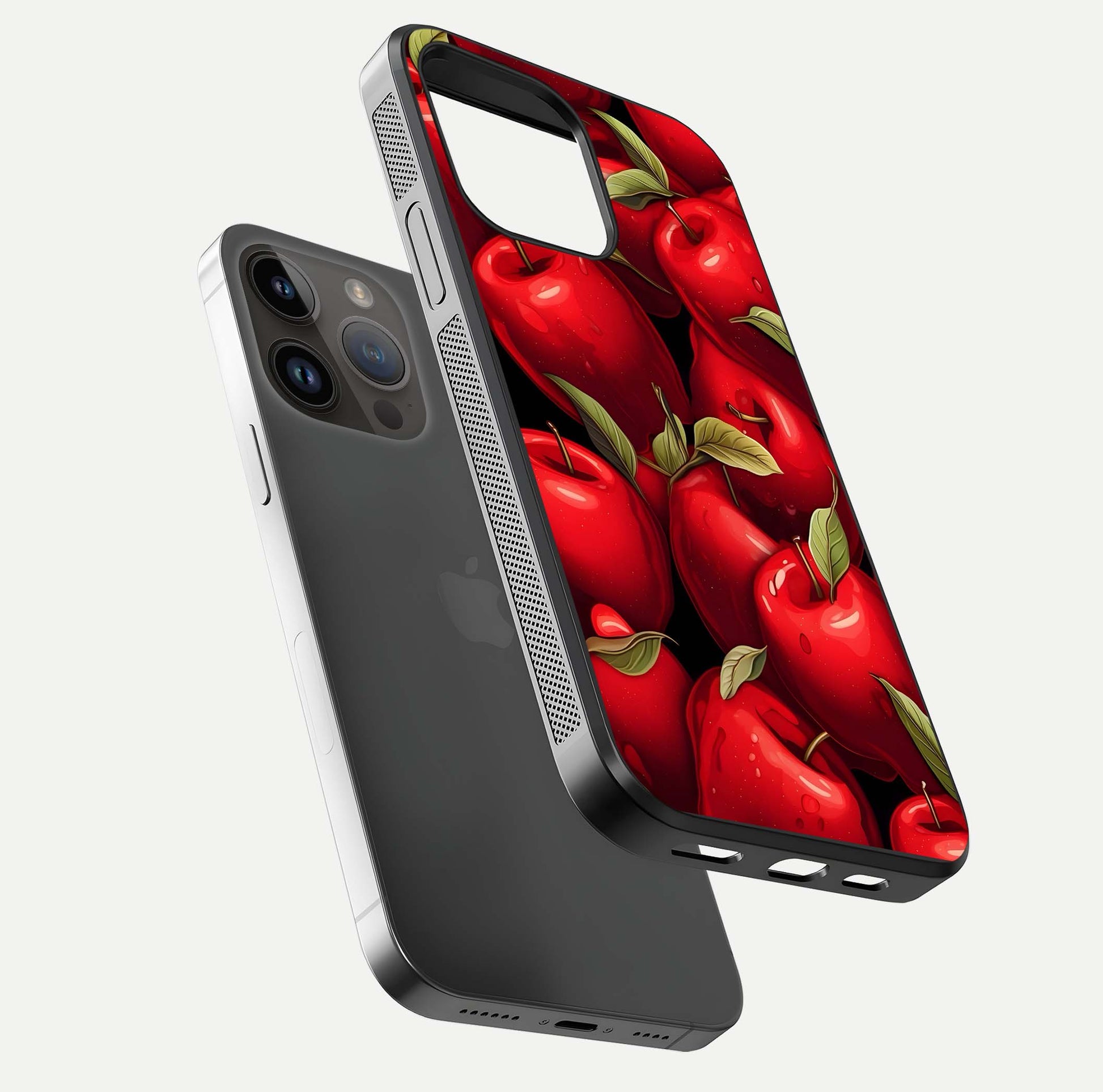 Apple Pattern Glass Case for iPhone 16 Pro floating mockup with smooth edge detailing and pattern clarity