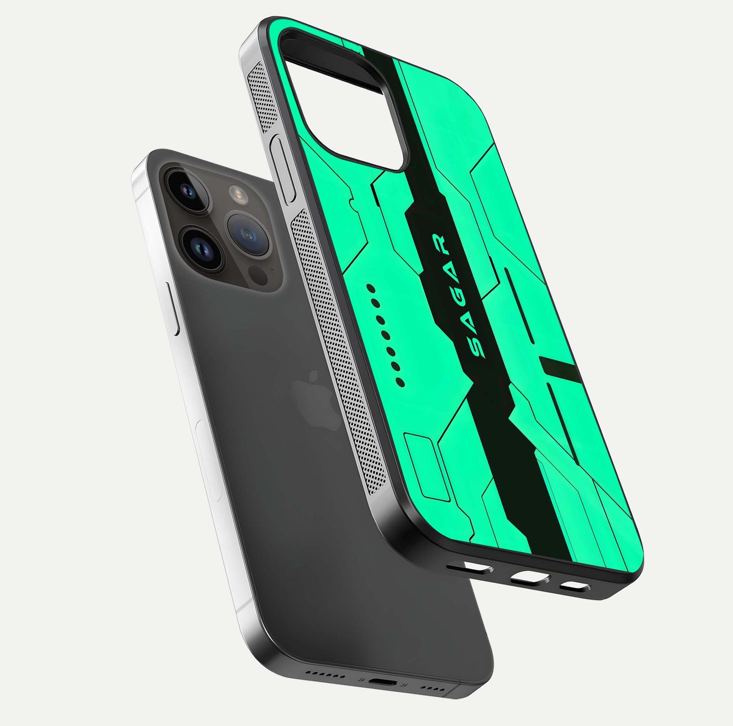 Aqua Tech CYBERPUNK Custom Name Glass Case for iPhone 16 Pro floating mockup highlighting name customization area