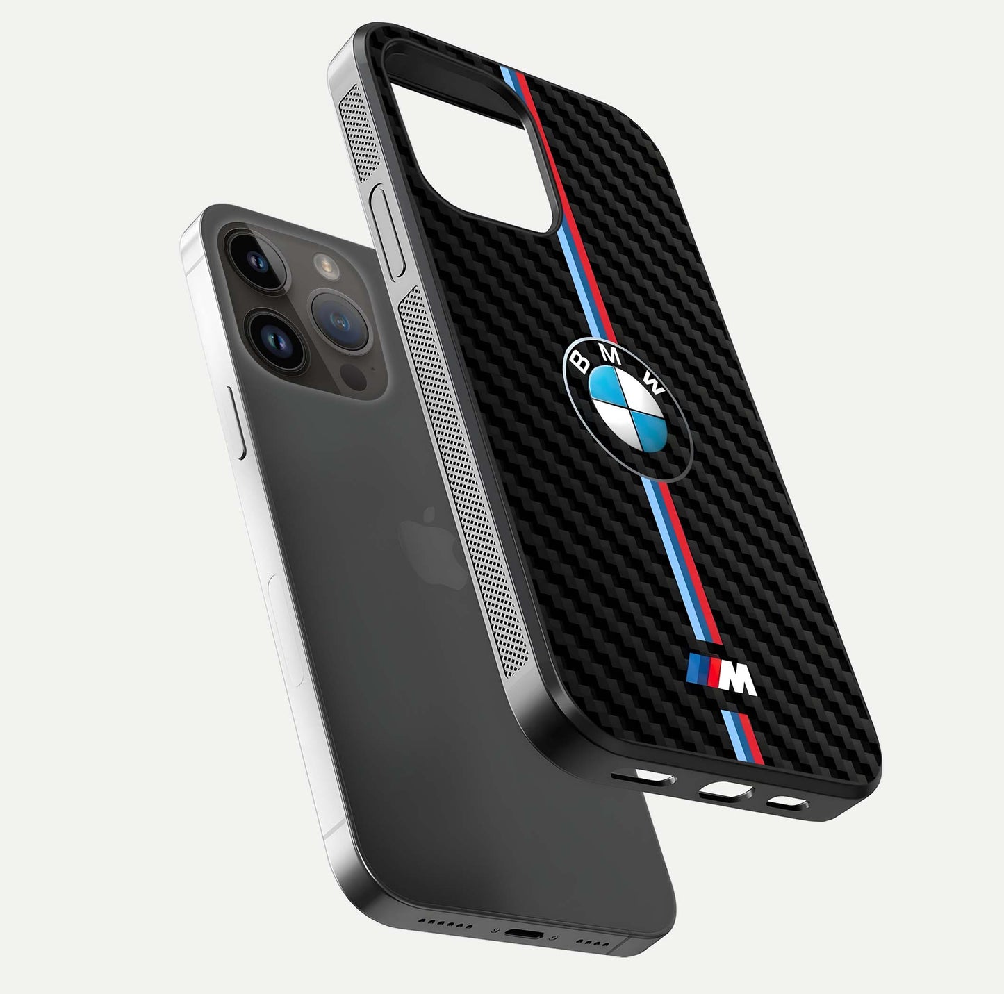 BMW Pattern Glass Case for iPhone 14 Pro Max floating mockup highlighting clean lines and metallic accent reflection