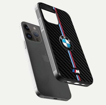 BMW Pattern Glass Case for iPhone 14 Pro Max floating mockup highlighting clean lines and metallic accent reflection
