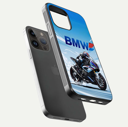 BMW Power Drift Glass Case for iPhone 14 Pro Max floating mockup displaying bold drift artwork and glossy polish